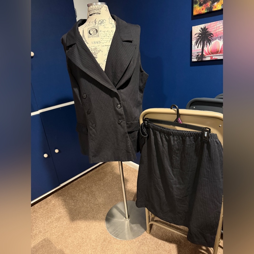 Plus size Black Pinstripe Vest and Skirt Set
